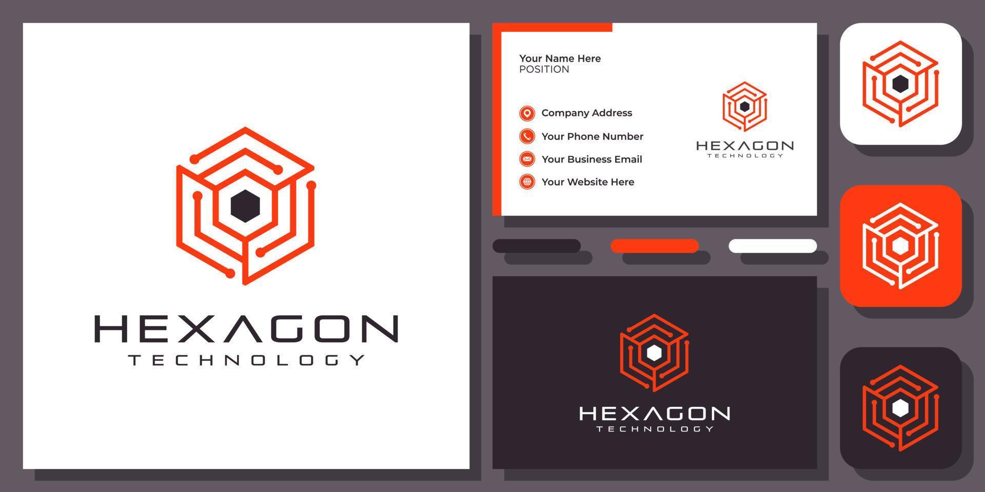 placa de circuito de tecnologia hexagonal conectar design de logotipo de vetor de tecnologia digital do sistema com cartão de visita