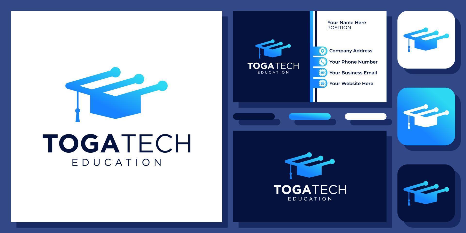 logotipo de tecnologia toga. logotipo da tecnologia toga cap. educação digital. design de logotipo vetorial com cartão de visita vetor