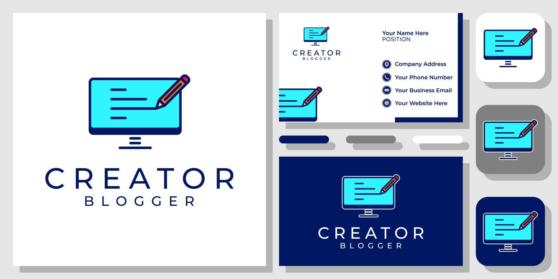 escritor monitor caneta lápis artigo blogger escrever design de logotipo de ícone de educação com modelo de cartão de visita vetor