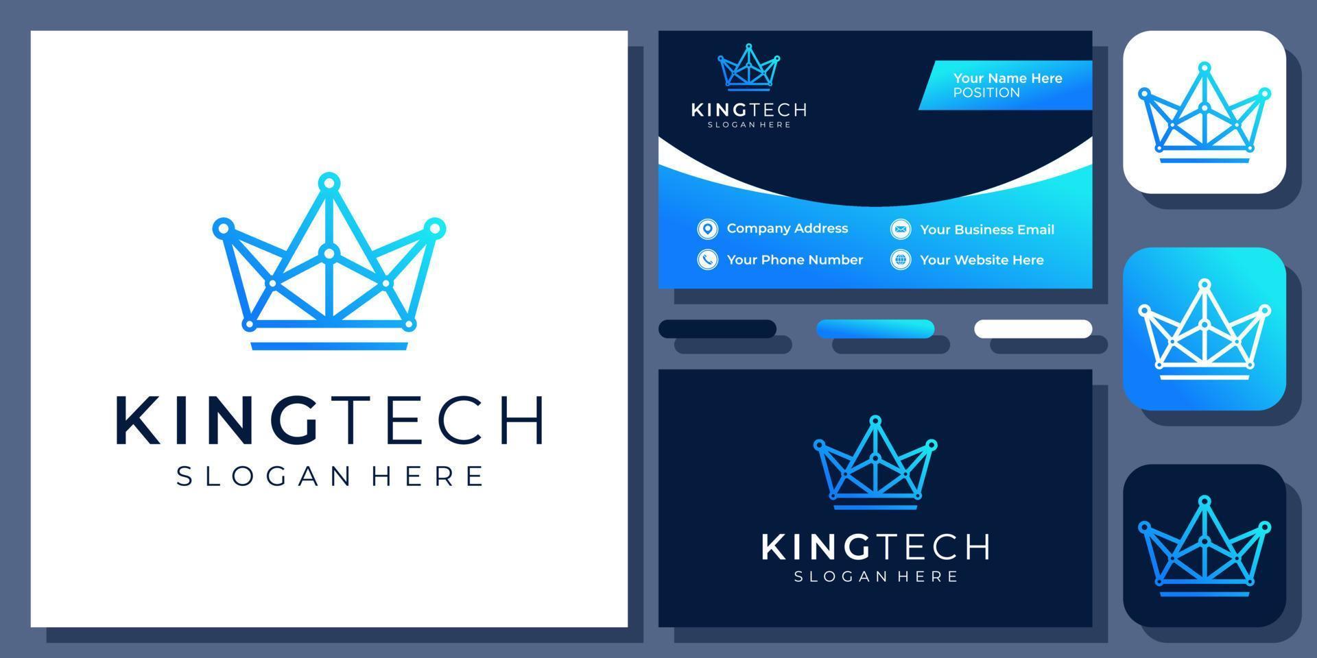 tecnologia de conexão coroa rei digital rainha de rede conectar design de logotipo vetorial com cartão de visita vetor