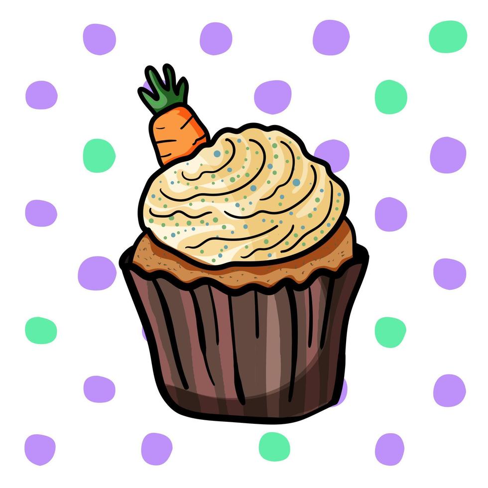 cupcake com uma cenoura em um fundo de bolinhas vetor