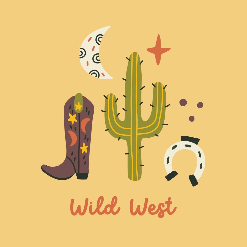 bota de ferradura cowboy cactus west wild print vetor