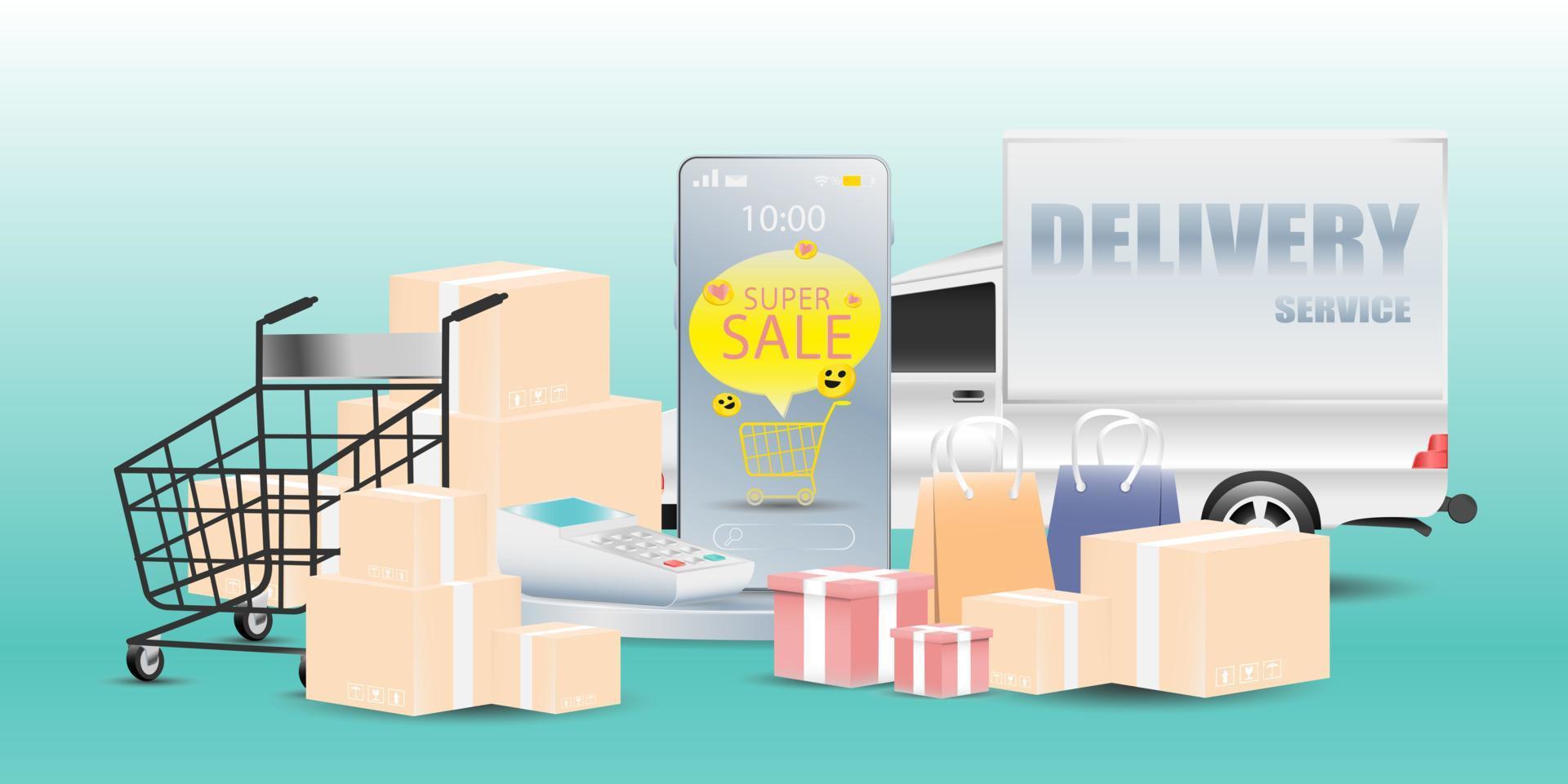 ilustração vetorial smartphone compras on-line, smartphone com elementos de pilha de produtos, serviço gratuito de entrega ao cliente para casa. vetor