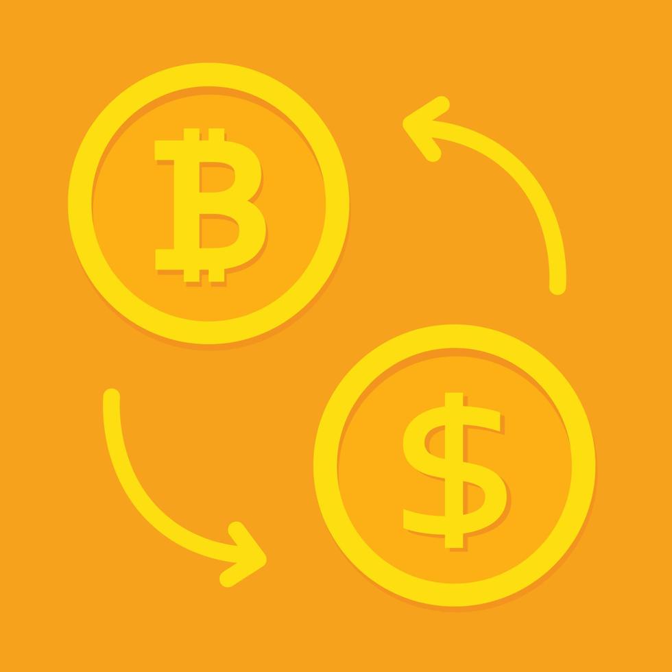 ilustração vetorial de troca de criptomoeda bitcoin. conceito de venda e compra de bitcoin. dinheiro criptográfico com símbolo de câmbio do dólar na cor dourada. vetor