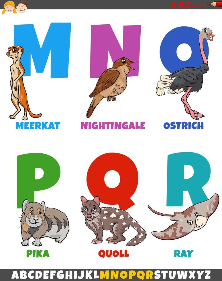 alfabeto educacional com personagens de animais de desenho animado vetor