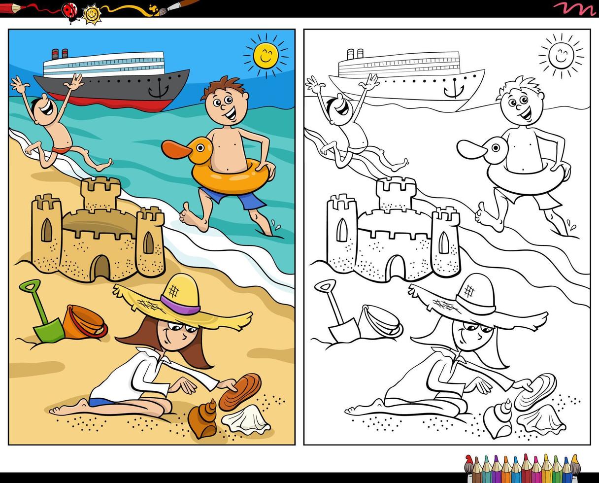 desenho de crianças de desenho animado passando férias na praia para colorir vetor