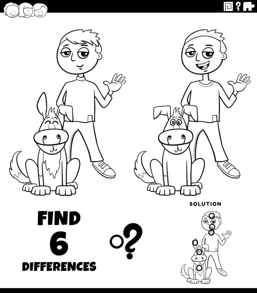 jogo de diferenças com menino e seu cachorro página do livro para colorir vetor