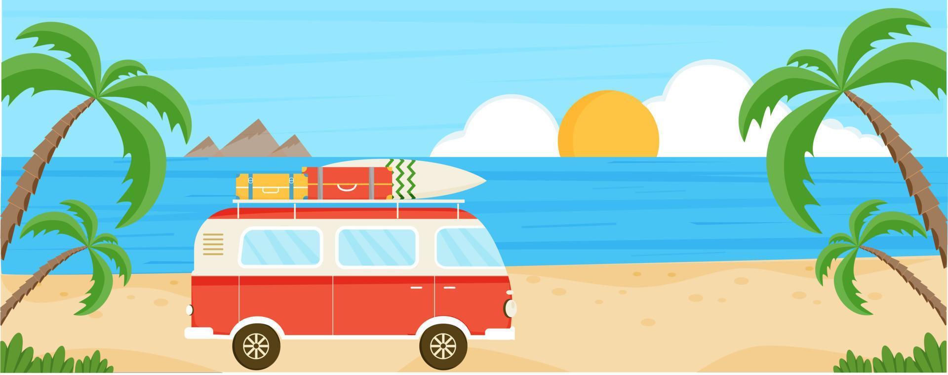 banner com ônibus vermelho com prancha de surf e bagagem na praia. fundo do mar de verão. viagens de verão, férias, turismo. praia com palmeiras, montanhas, sol, caravana. ilustração vetorial. vetor