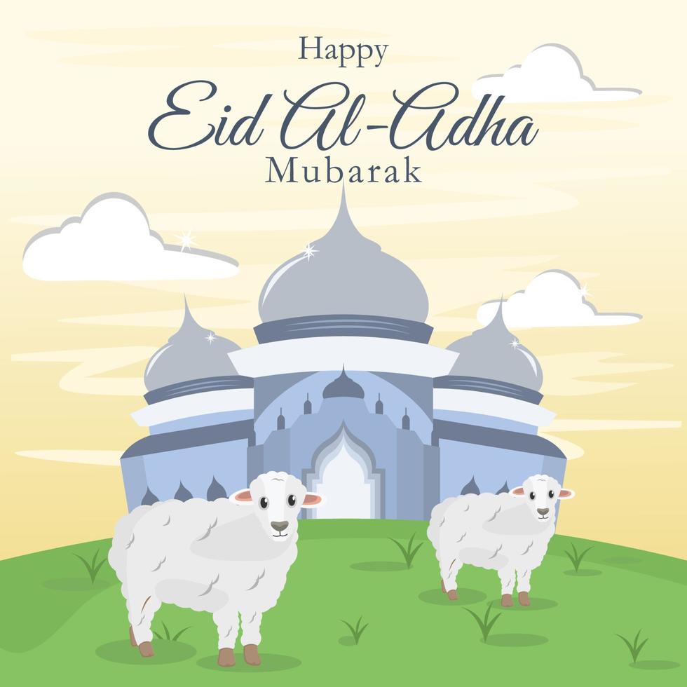 design de cartaz eid al-adha com vetor de ovelhas e mesquita elegante