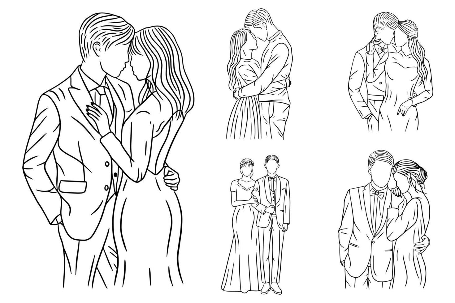 definir pacote de arte de linha desenho simples amor casal casamento feliz mão desenhada vetor