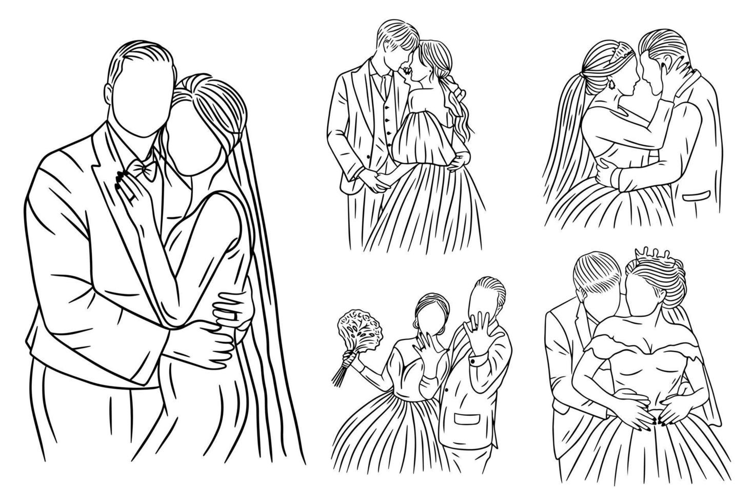 definir pacote de arte de linha desenho simples amor casal casamento feliz mão desenhada vetor