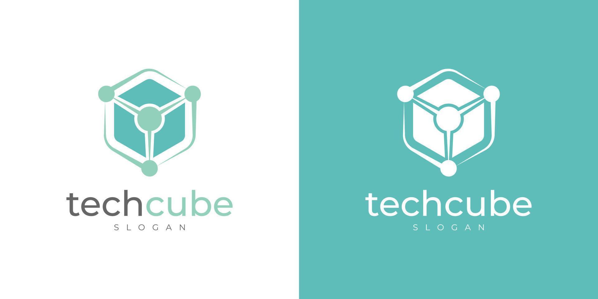 logotipo de tecnologia de tecnologia de cubo de caixa hexagonal moderna com pontos de conexão vetor