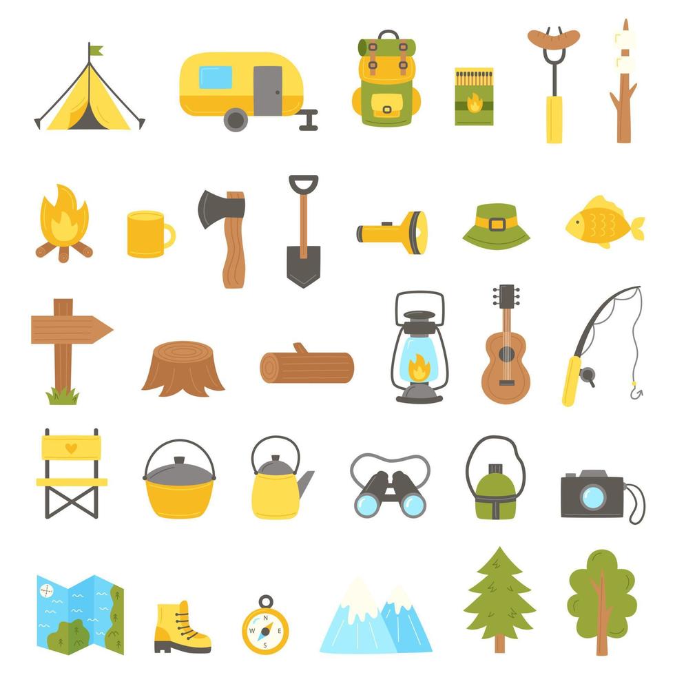 conjunto de elementos de acampamento planos para criar logotipos, cartazes, planilhas para crianças. vetor