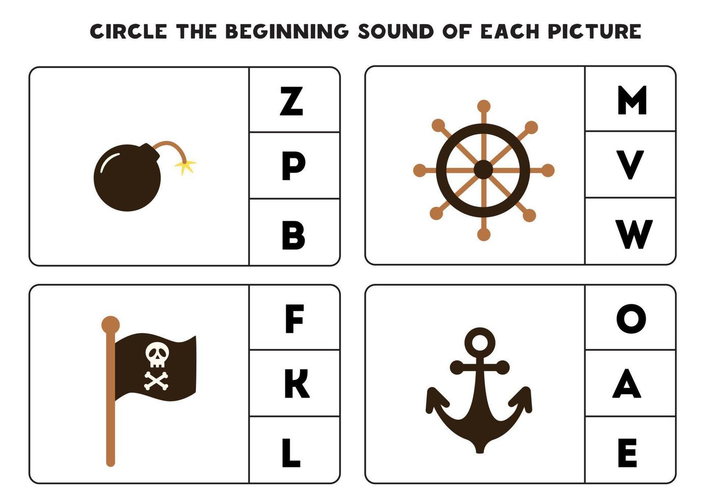 planilha para crianças. encontre o som inicial dos elementos piratas. vetor