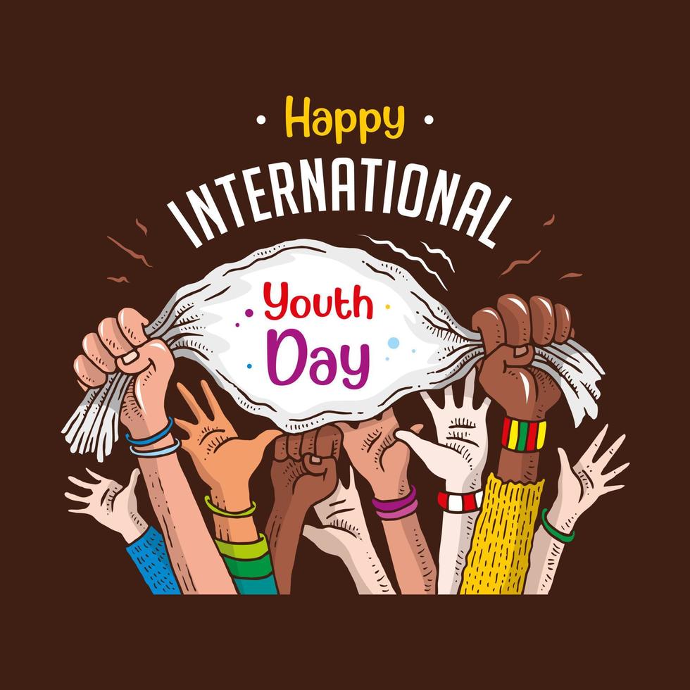 feliz dia internacional da juventude com a mão vetor