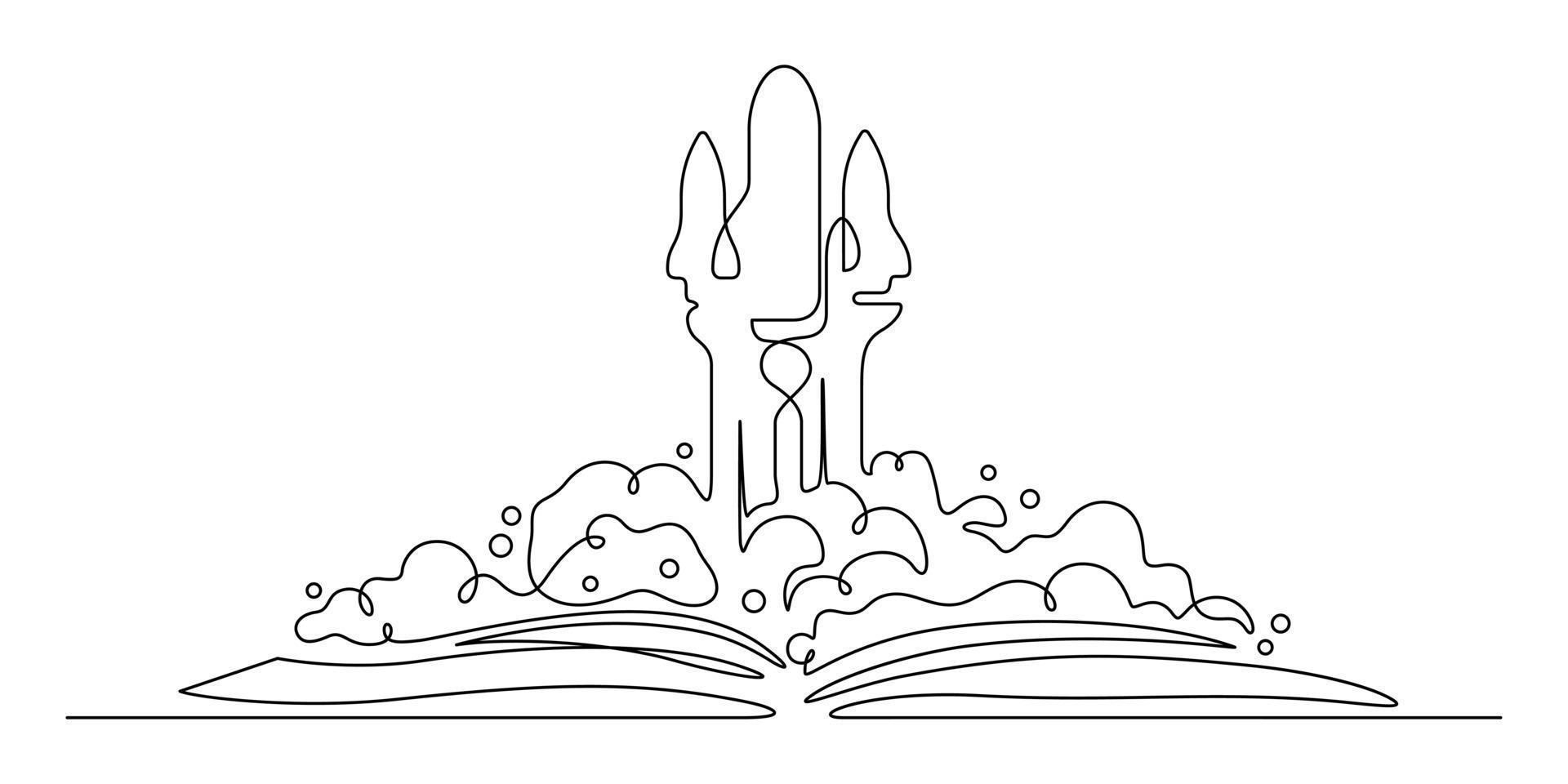 um desenho de linha de nave espacial de foguete e formatura de livro para sonho, imaginação, criatividade conceitual. vetor