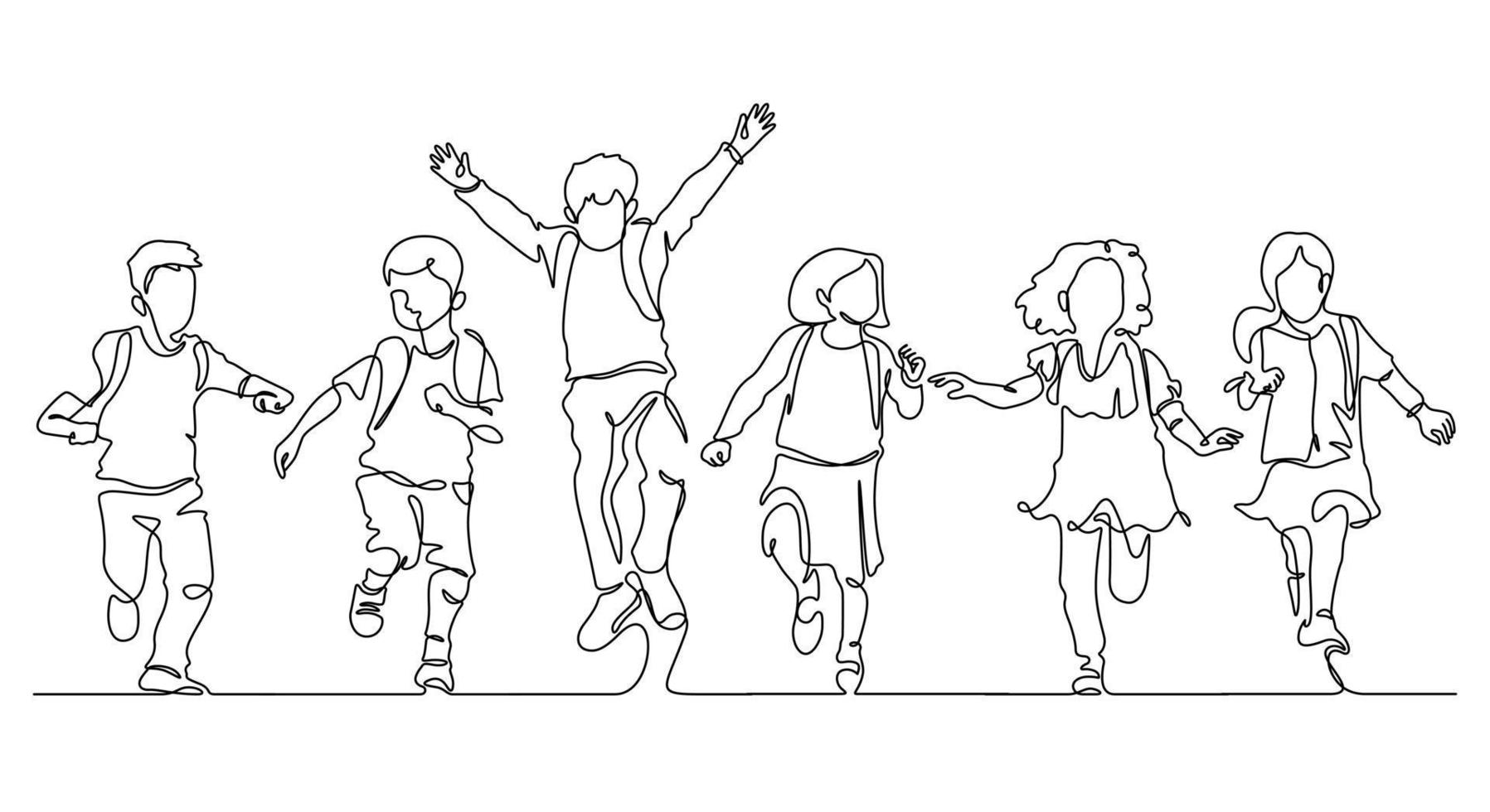 desenho de linha contínuo de felicidade pequeno grupo de alunos aproveita o final da escola vetor