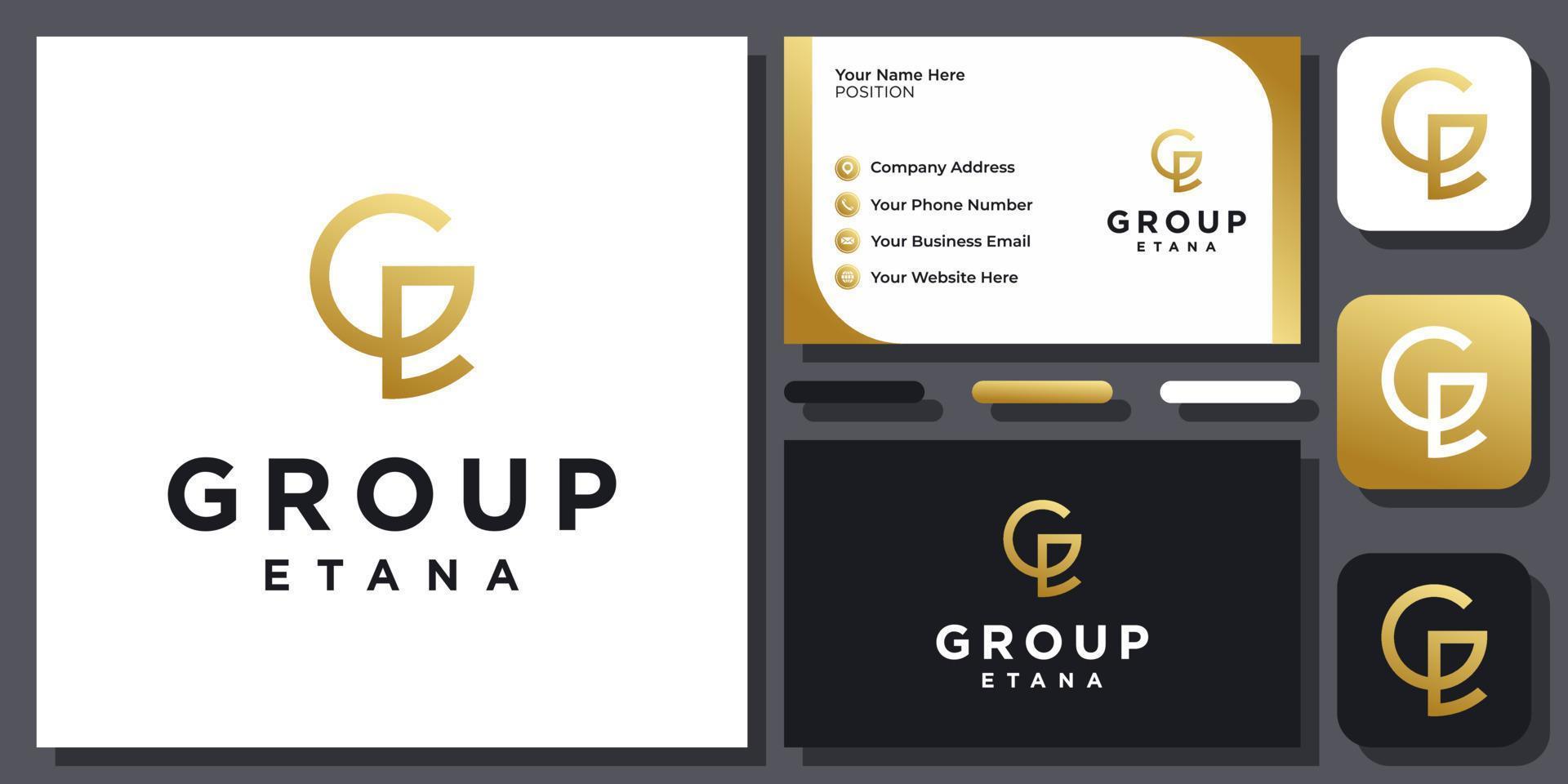 letras iniciais ge ou ge ouro luxo monograma simples design de logotipo de vetor com cartão de visita