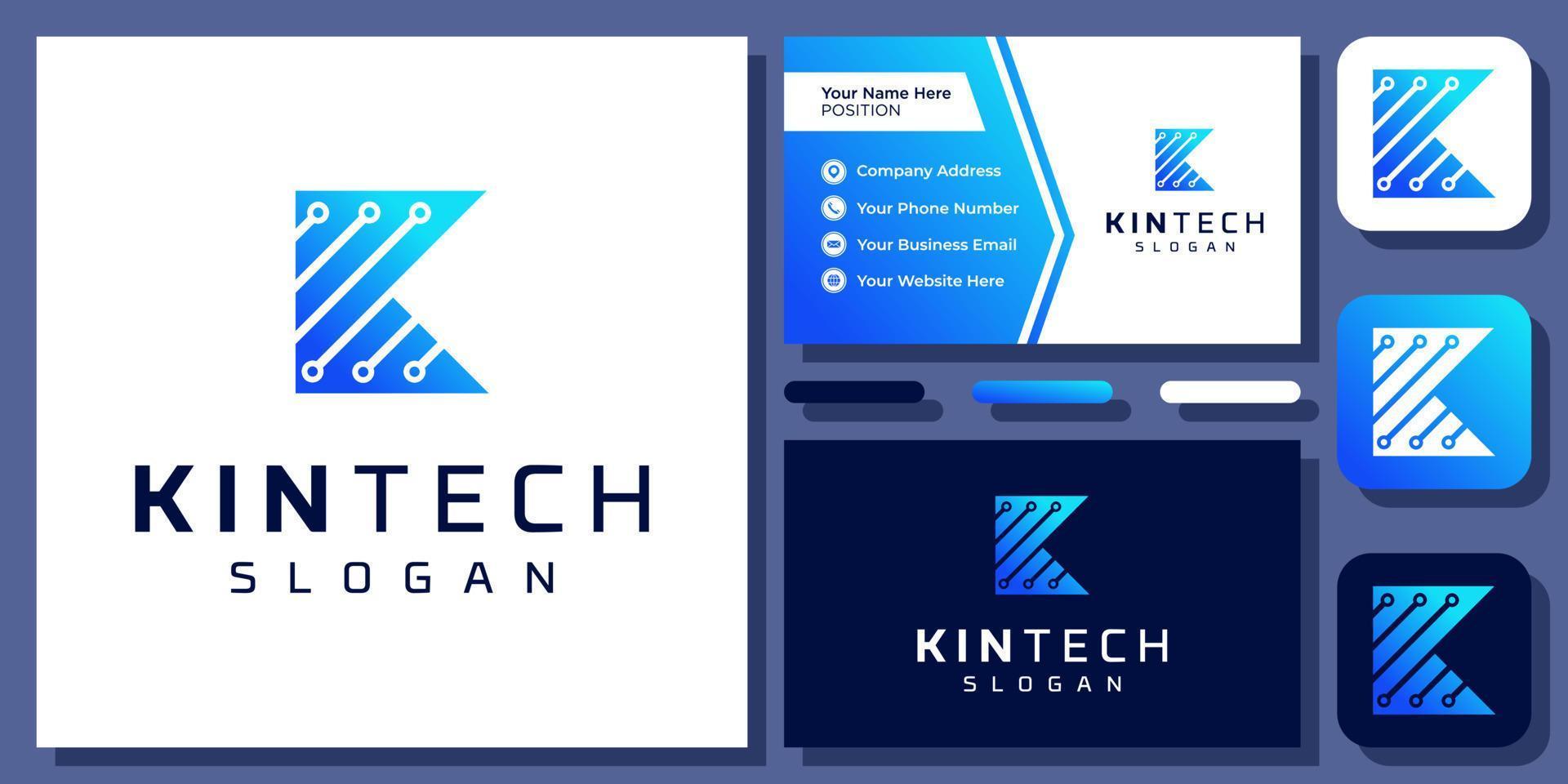 letra inicial k tecnologia conexão digital circuito molécula vector design de logotipo com cartão de visita