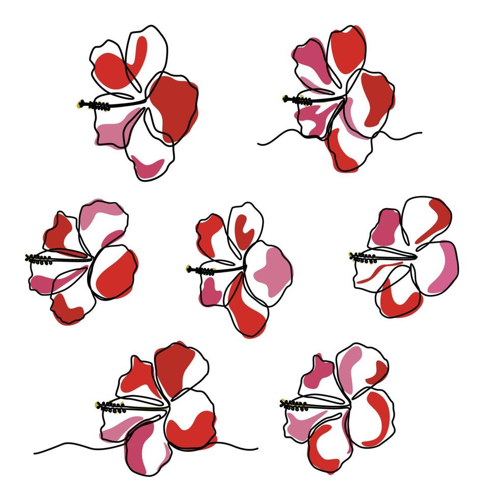 conjunto de flor de hibisco exótico em um desenho de linha vetor