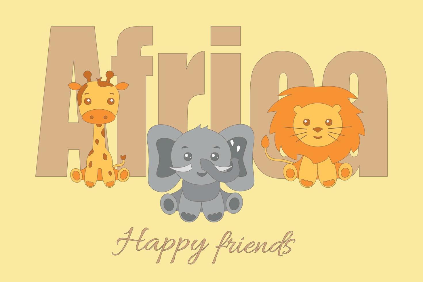 conjunto de animais africanos selvagens de desenho animado bonito feliz - elefante, leão e girafa vetor
