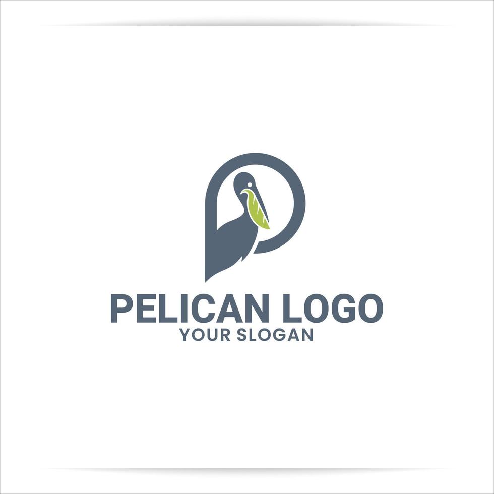 designs de logotipo pelicano com folha na boca vetor