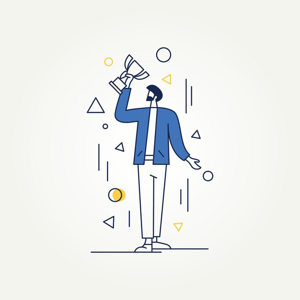 moderna linha de arte plana web design ilustração do homem levantando um troféu para seu sucesso. conquistas de negócios minimalistas simples, negócios vencedores, celebrando o conceito de ilustração plana de sucesso vetor