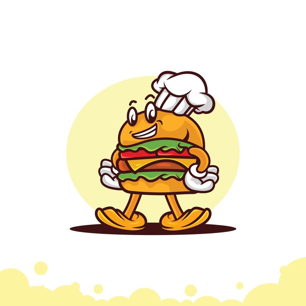 fofo chef de hambúrguer sorrindo logotipo de mascote vetor