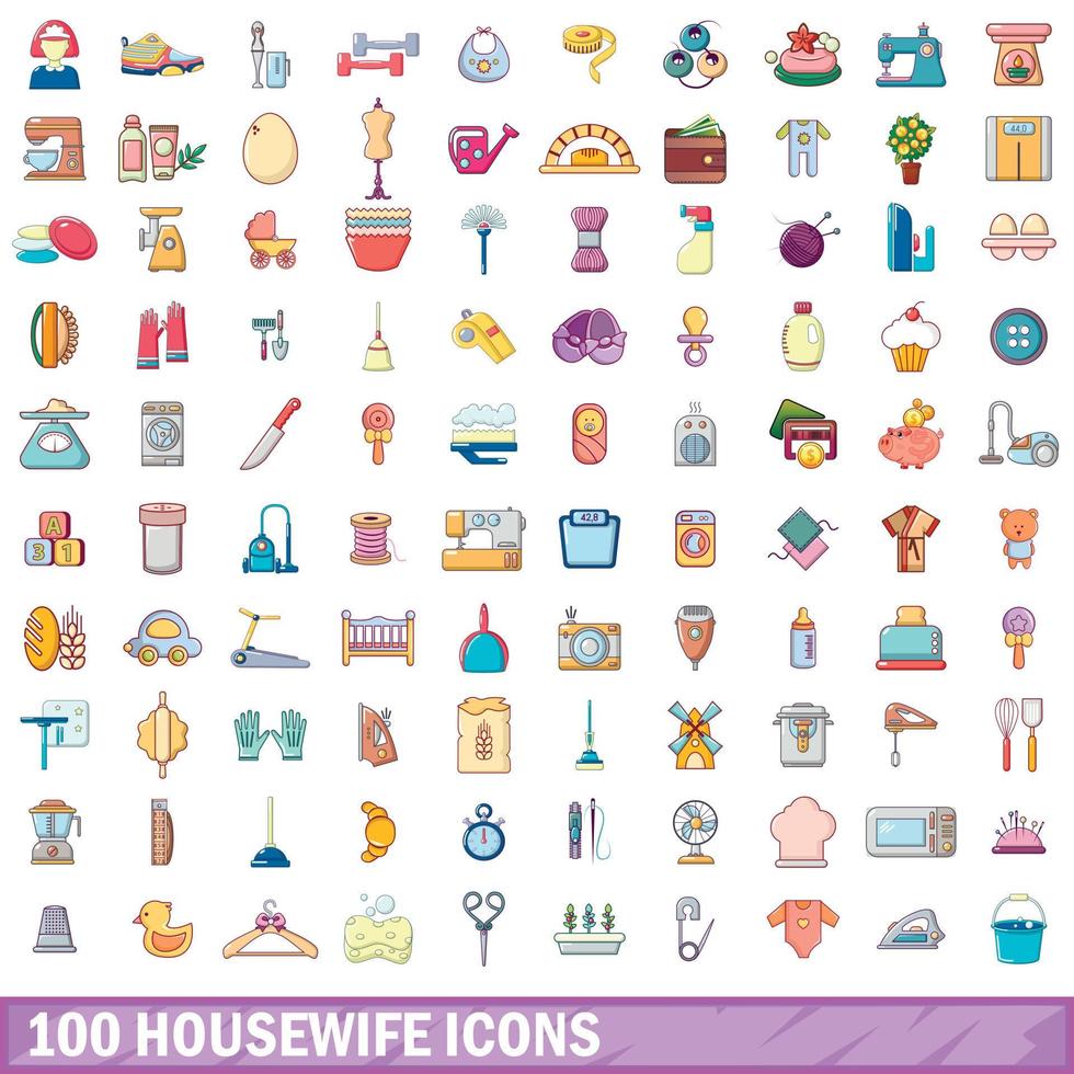 conjunto de 100 ícones de dona de casa, estilo cartoon vetor