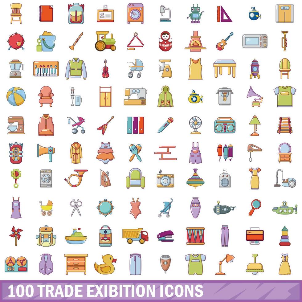 Conjunto de 100 ícones de exposição comercial, estilo cartoon vetor