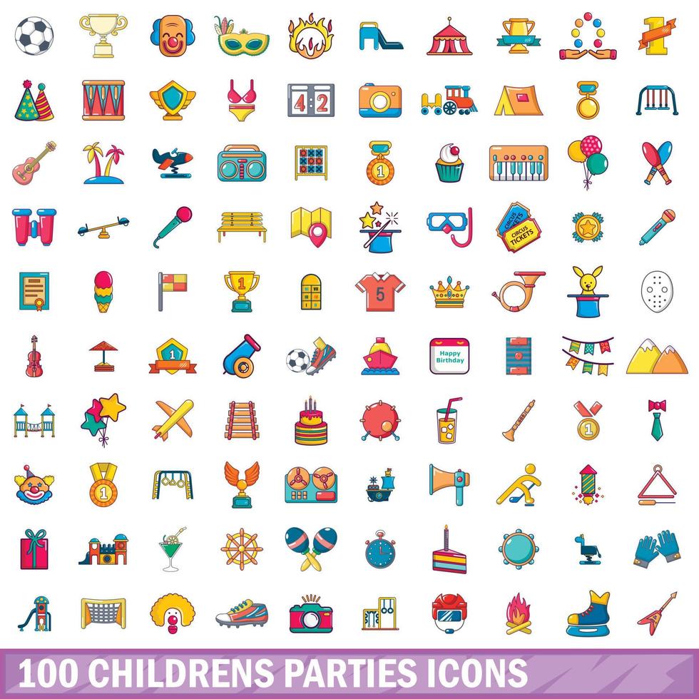 conjunto de 100 ícones de festas infantis, estilo cartoon vetor