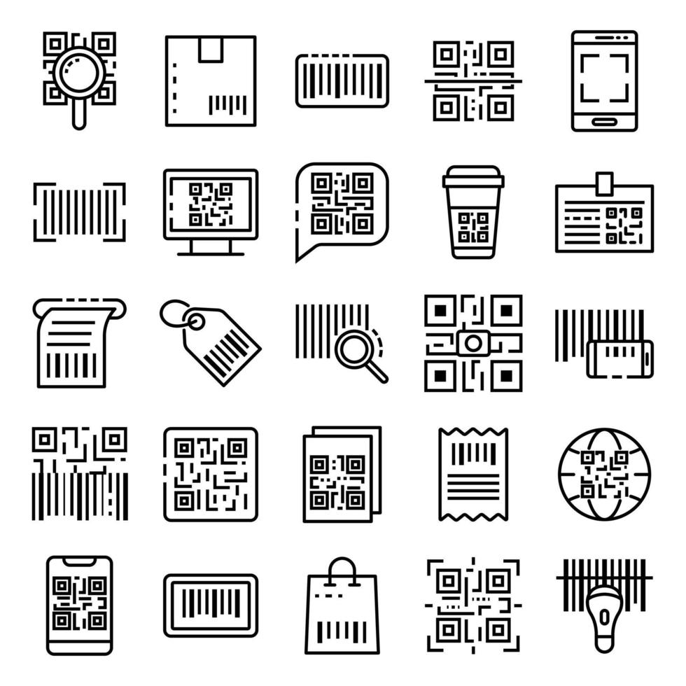 conjunto de ícones de código qr, estilo de estrutura de tópicos vetor