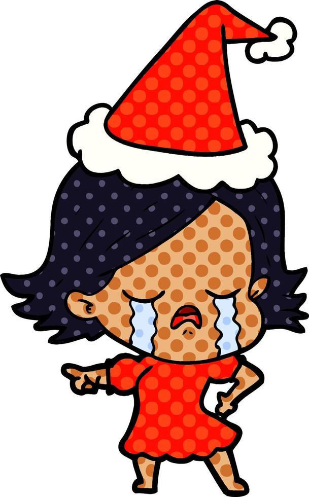 ilustração de estilo de quadrinhos de uma garota chorando e apontando usando chapéu de papai noel vetor