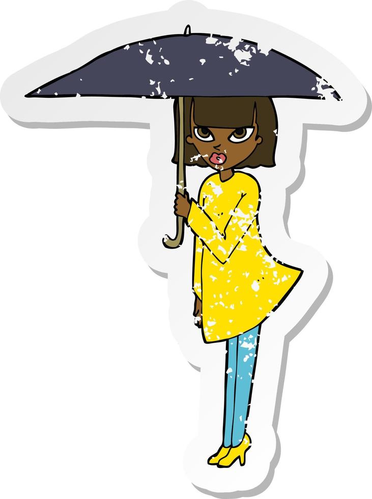 adesivo retrô angustiado de uma mulher de desenho animado com guarda-chuva vetor