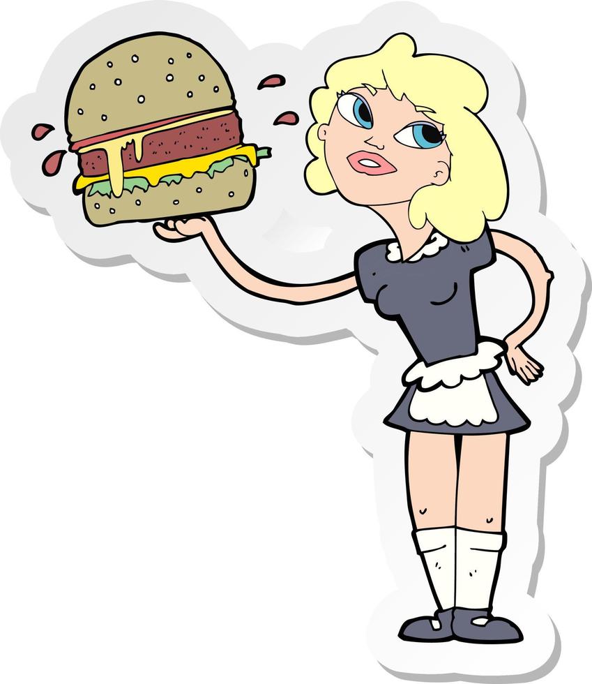adesivo de uma garçonete de desenho animado servindo hambúrguer vetor