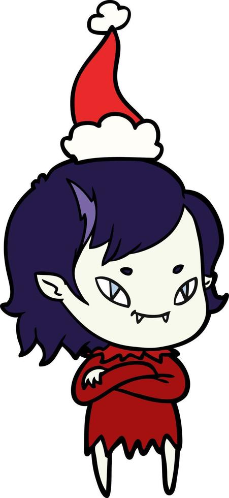 desenho de linha de uma garota vampira amigável usando chapéu de papai noel vetor