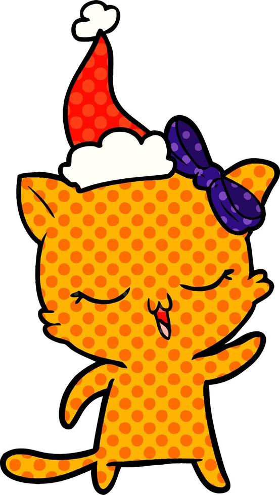 ilustração de estilo de quadrinhos de um gato com laço na cabeça usando chapéu de papai noel vetor