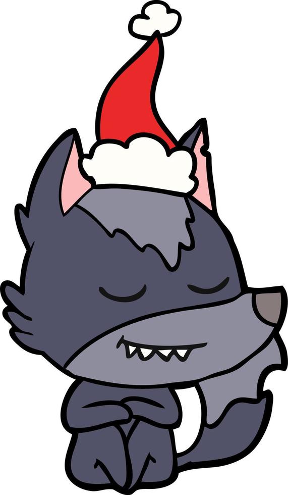 desenho de linha amigável de um lobo sentado usando chapéu de papai noel vetor