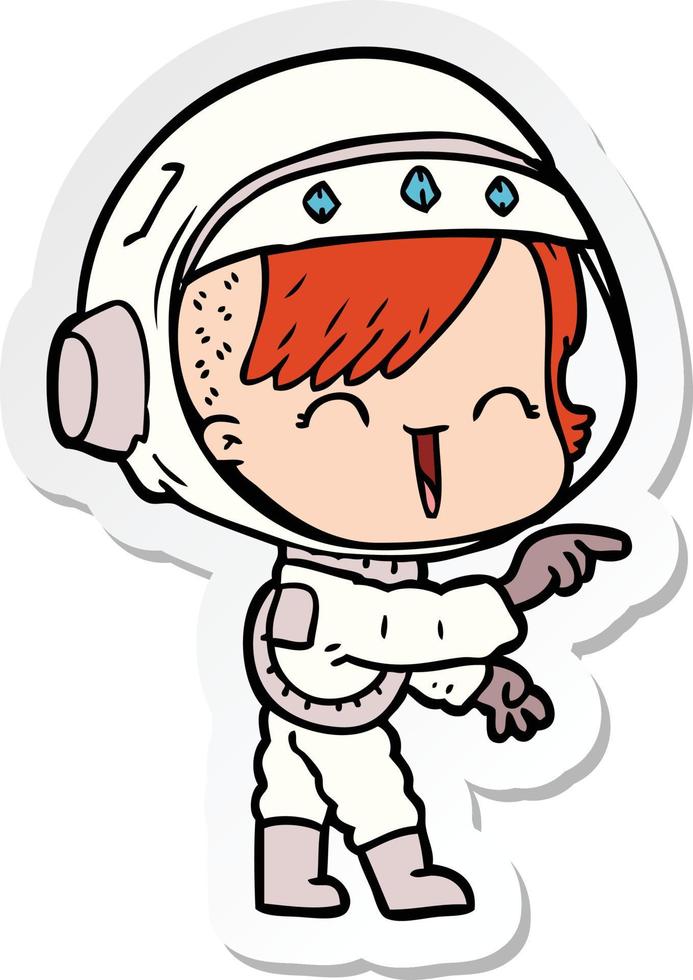 adesivo de uma garota astronauta de desenho animado apontando e rindo vetor