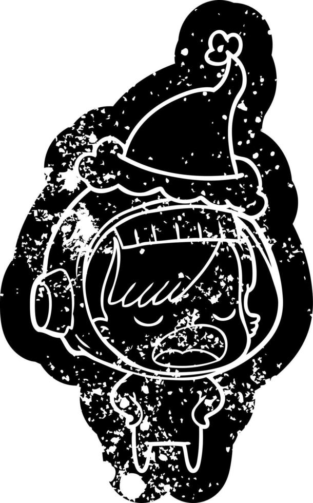 ícone angustiado dos desenhos animados de uma mulher astronauta explicando usando chapéu de papai noel vetor