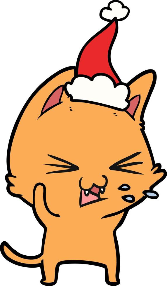 desenho de linha de um gato assobiando usando chapéu de papai noel vetor