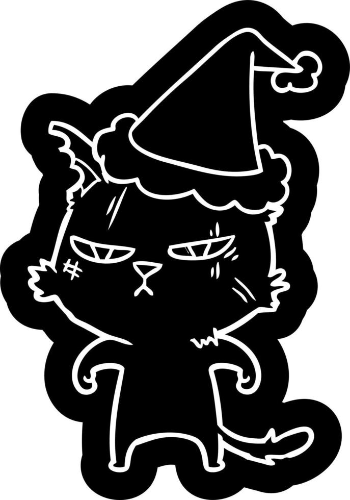 ícone de desenho animado difícil de um gato usando chapéu de papai noel vetor