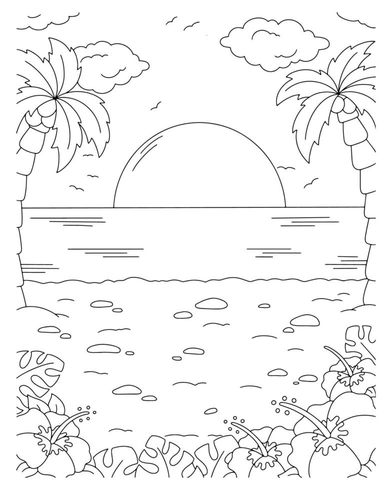 maravilhosa paisagem natural com praia. página do livro de colorir para crianças. estilo de desenho animado. ilustração vetorial isolada no fundo branco. vetor