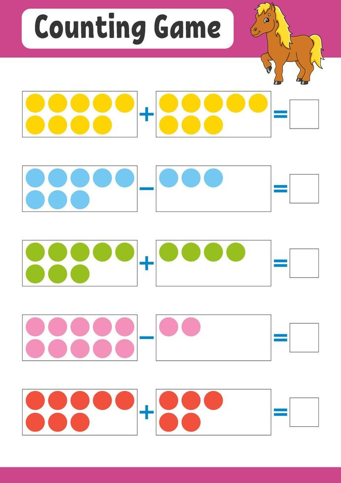 adição e subtração. tarefa para crianças. planilha de desenvolvimento educacional. página colorida da atividade. jogo para crianças. personagem engraçado. ilustração isolada do vetor. estilo de desenho animado. vetor