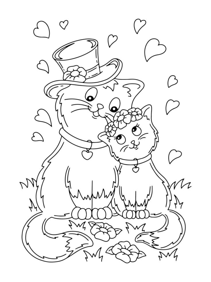casal de gatos fofos apaixonados. página do livro de colorir para crianças. personagem de estilo de desenho animado. ilustração vetorial isolada no fundo branco. Dia dos namorados. vetor