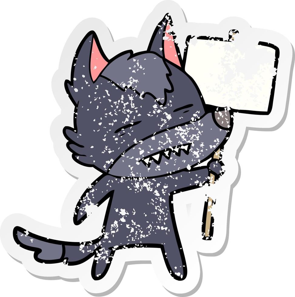 vinheta angustiada de um lobo de desenho animado com poste de sinalização mostrando dentes vetor