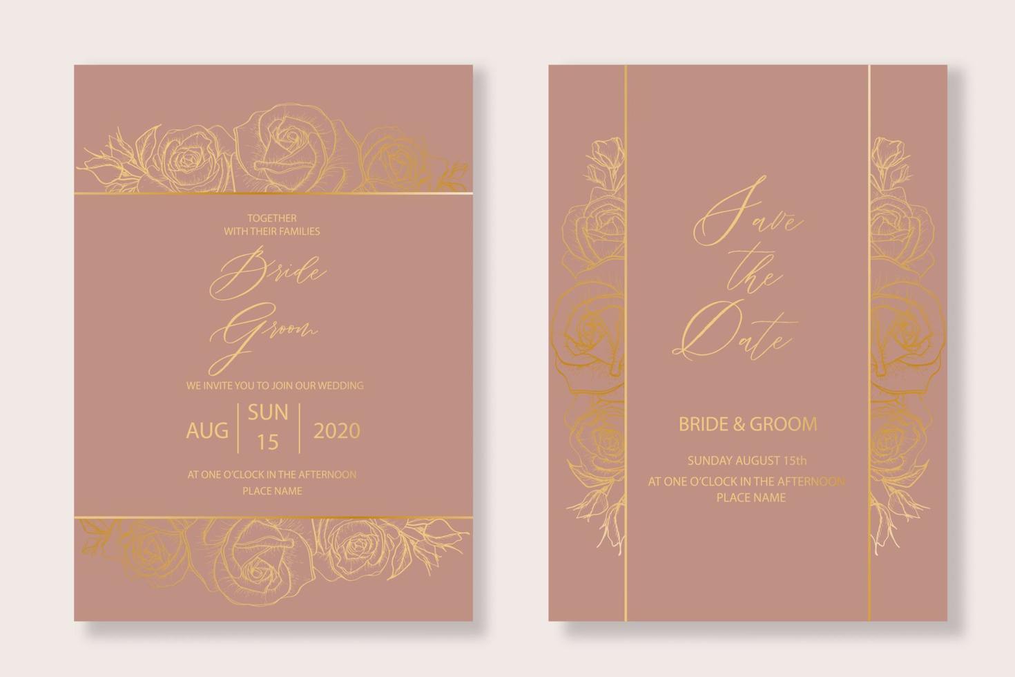 modelo de convite de casamento botânico conjunto com flor de rosas de ouro desenhadas esboço para festa, cartão de felicitações. vetor