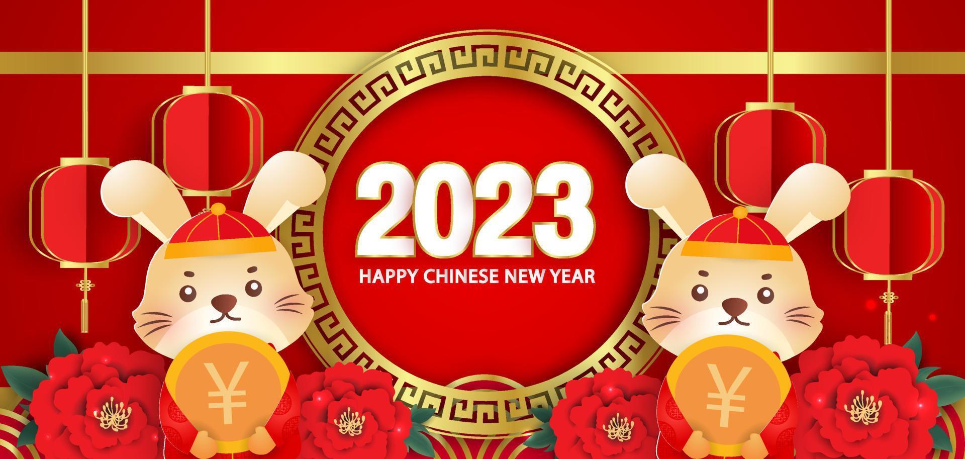 ano novo chinês 2023 ano do banner de coelho em estilo de corte de papel. vetor