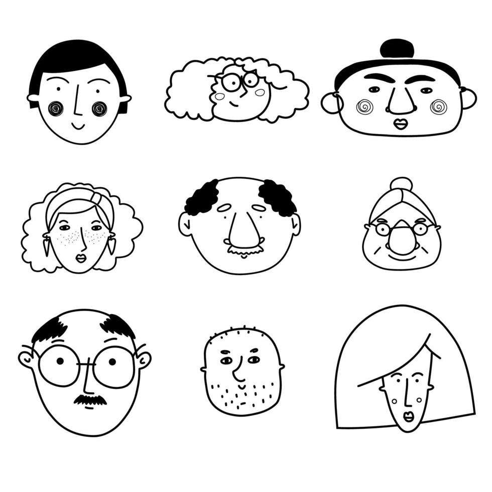 coleção de rostos desenhados à mão bonitos e diversos em preto e branco. ícones de pessoas estilo doodle para design, adesivos, estampas vetor
