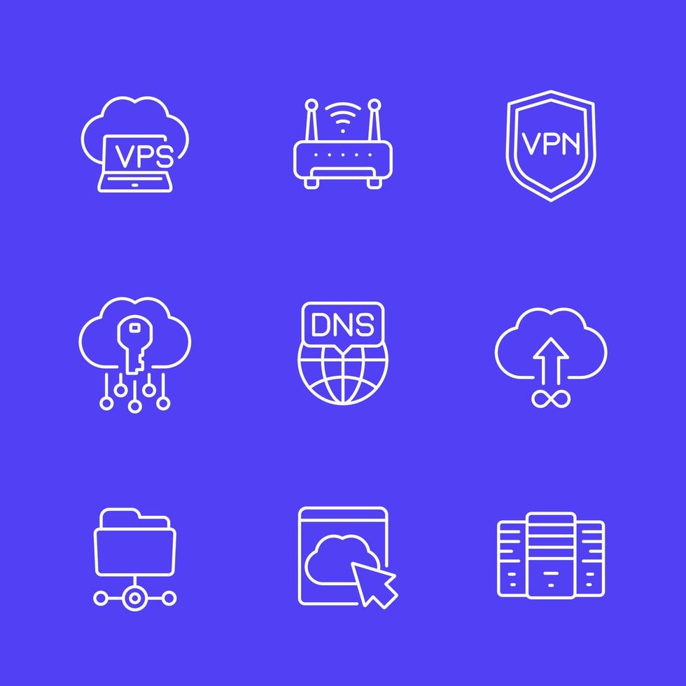 conjunto de ícones de linha de hospedagem, dns e vpn vetor